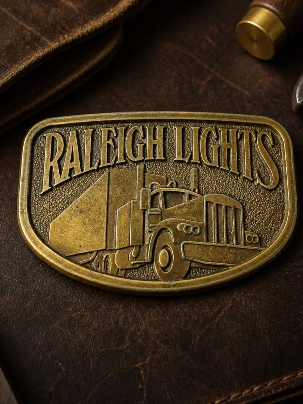 Vintage Raleigh Lights Brass Tone Big Rig Semi Truck Country Western Belt Buckle